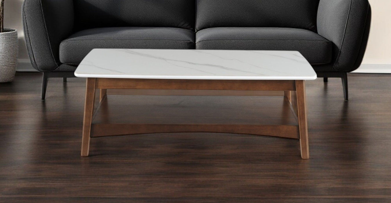 Stone Rectangular Coffee Table With Shelf - Walnut And White