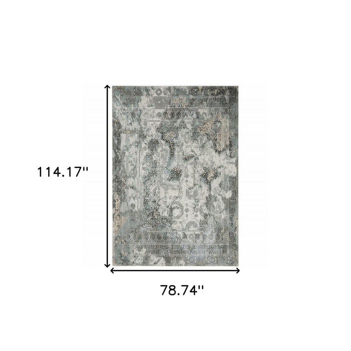 6' x 9' Oriental Power Loom Stain Resistant Area Rug - Ivory Gray Charcoal Blue And Rust