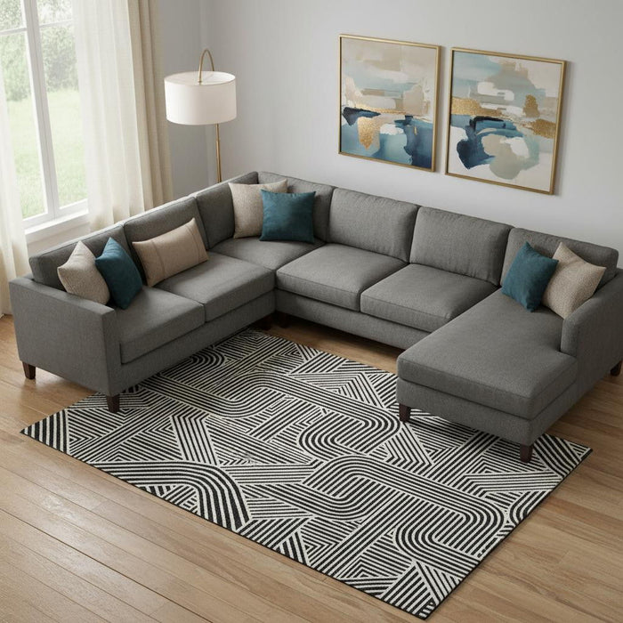 10' X 14' Abstract Geometric Washable Area Rug With UV Protection (672887) - Black / Ivory