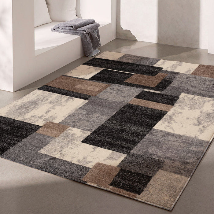 8' x 11' Geometric Shag Power Loom Area Rug - Gray Black And Brown