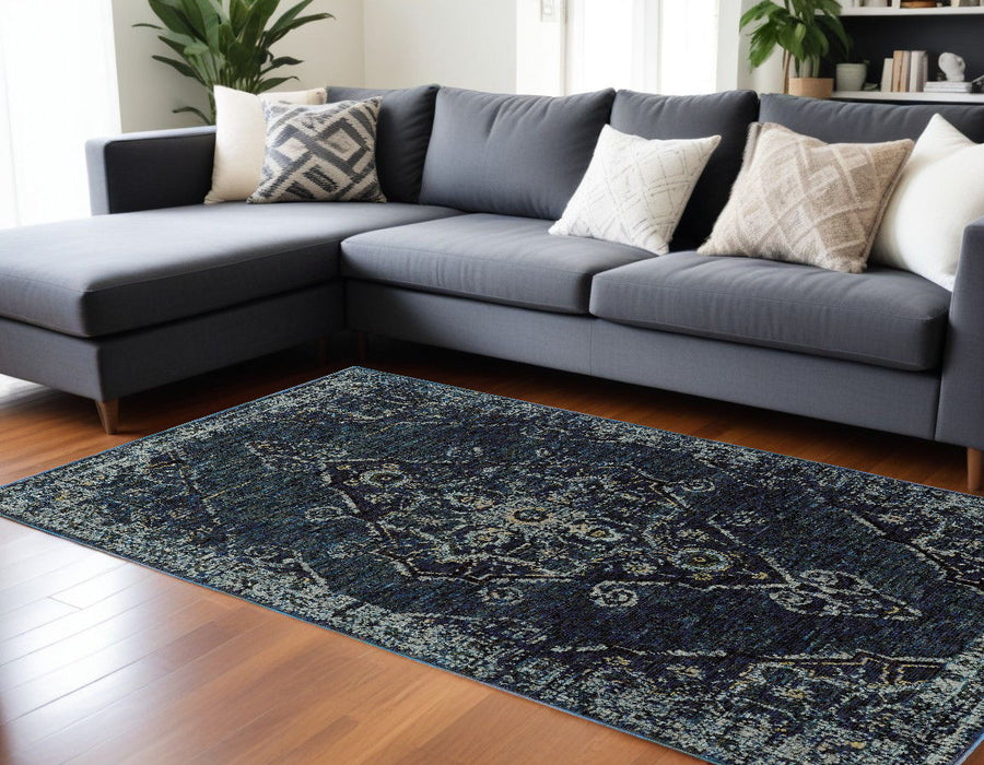 10' x 13.1' Oriental Power Loom Area Rug - Blue And Ivory