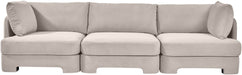 Velvet performance fabric upholstered 3-piece stationary sectional sofa by Meridian Furniture, featuring plush cushions and modern design.