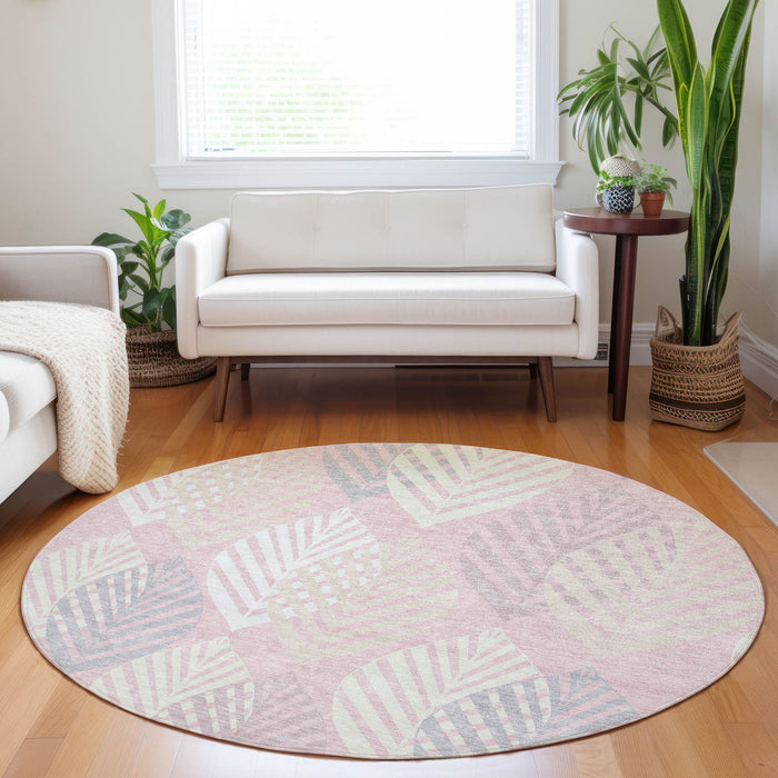 8' Floral Washable Round Rug With UV Protection - Pink