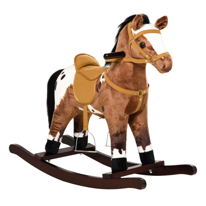 Giga Qaba kids metal plush ride-on rocking horse chair with realistic sounds, dark brown and white, suitable for children.