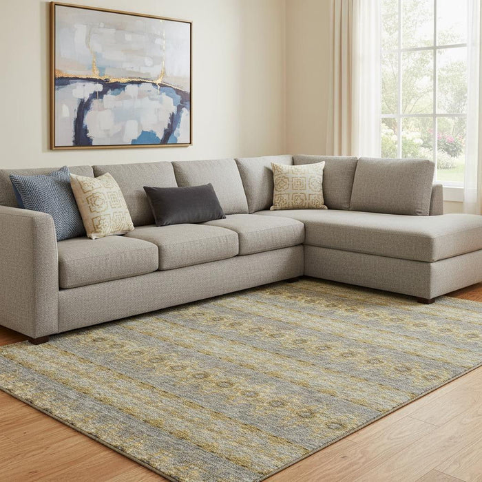 9' X 12' Floral Medallion Washable Area Rug With UV Protection (651327) - Gold / Blue / Ivory