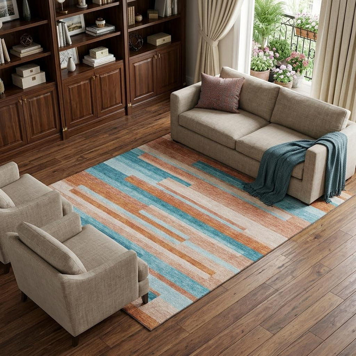 10' X 14' Striped Washable Area Rug With UV Protection (675810) - Orange / Teal / Peach