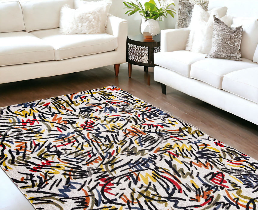 7' x 11' Abstract Non Skid 100% PET Area Rug - White