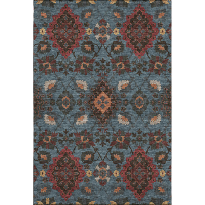 10' X 14' Oriental Washable Area Rug With UV Protection (678844) - Denim Blue / Red / Salmon