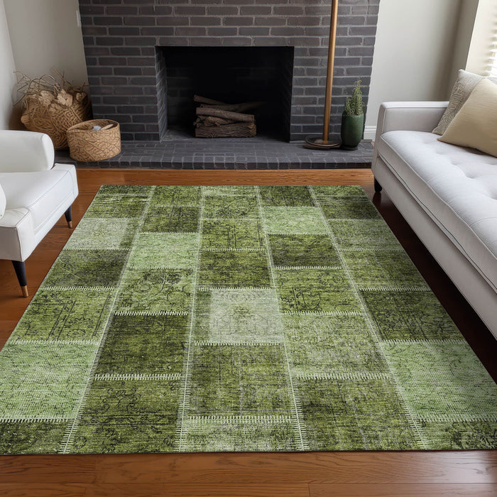 10' X 14' Patchwork Washable Area Rug With UV Protection - Olive Green And Gray