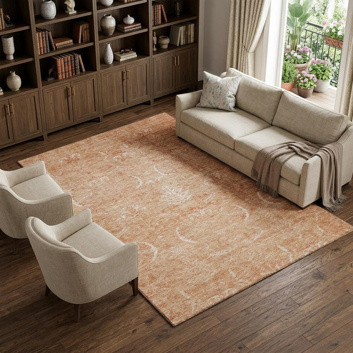 10' X 14' Damask Washable Area Rug With UV Protection (683920) - Salmon / Ivory
