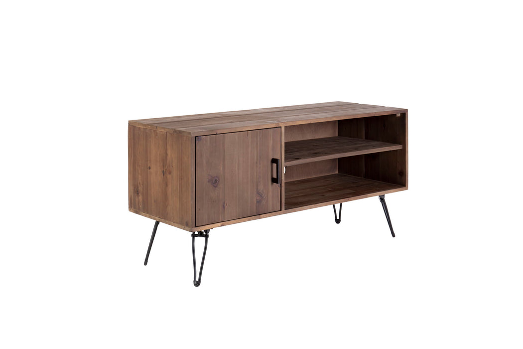 Giga vintage reclaimed wood TV stand with modern design, natural finish, and open storage for living room media setup.