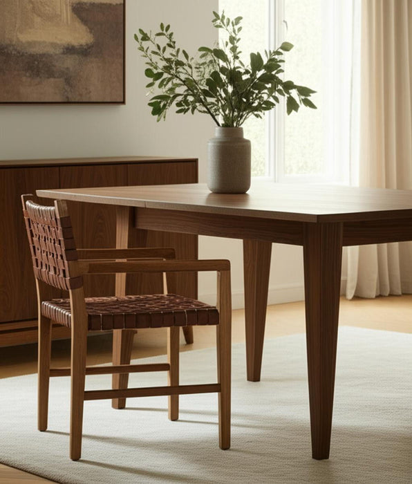 Woven Leather And Solid Wood Dining Arm Chair - Brown