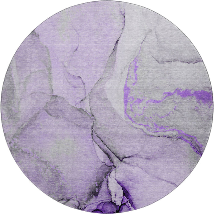8' Abstract Washable Round Rug With UV Protection (646837) - Purple / Gray / Ivory