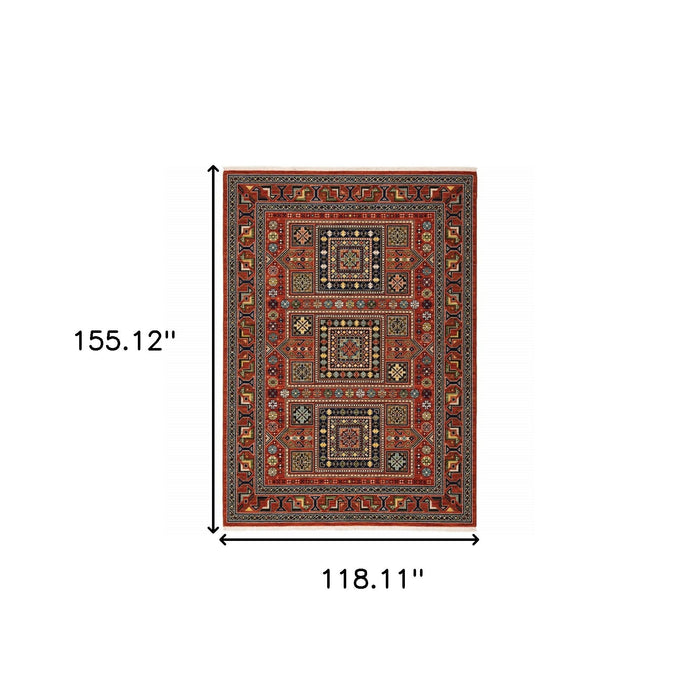 10' x 13' Oriental Power Loom Stain Resistant Area Rug With Fringe - Red Blue Beige And Green