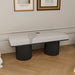 Light gray upholstered Giga bench with black chunky legs, contemporary bed-end or living room accent, featuring boucle fabric.