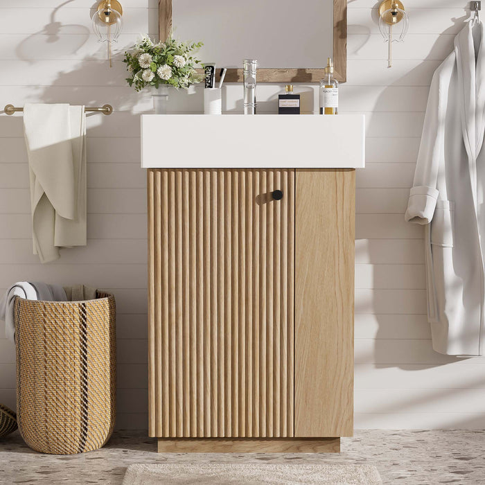 Giga bathroom vanity with sink, freestanding wood grain cabinet featuring storage drawers and a sleek modern design