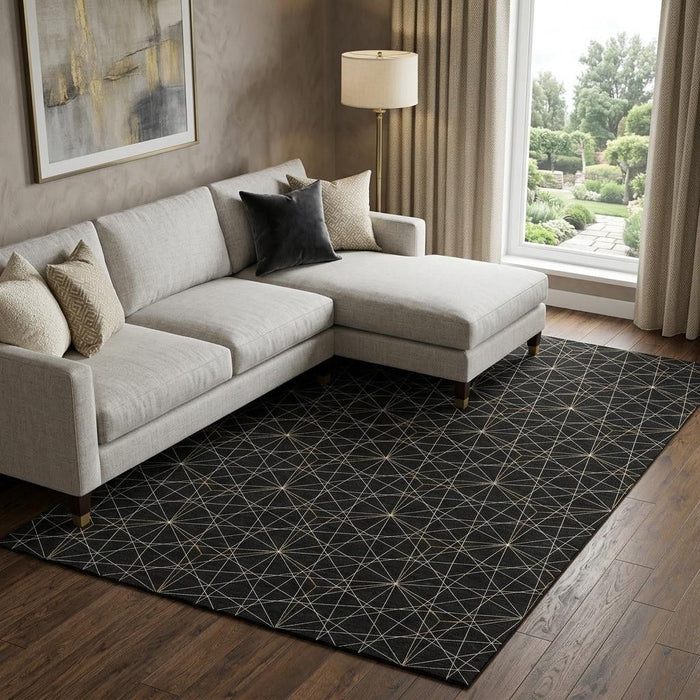 10' X 14' Geometric Washable Area Rug With UV Protection (677855) - Black / Ivory