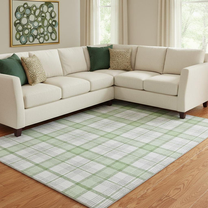 10' X 14' Plaid Washable Area Rug With UV Protection (682493) - Mint Green / Ivory / Gray