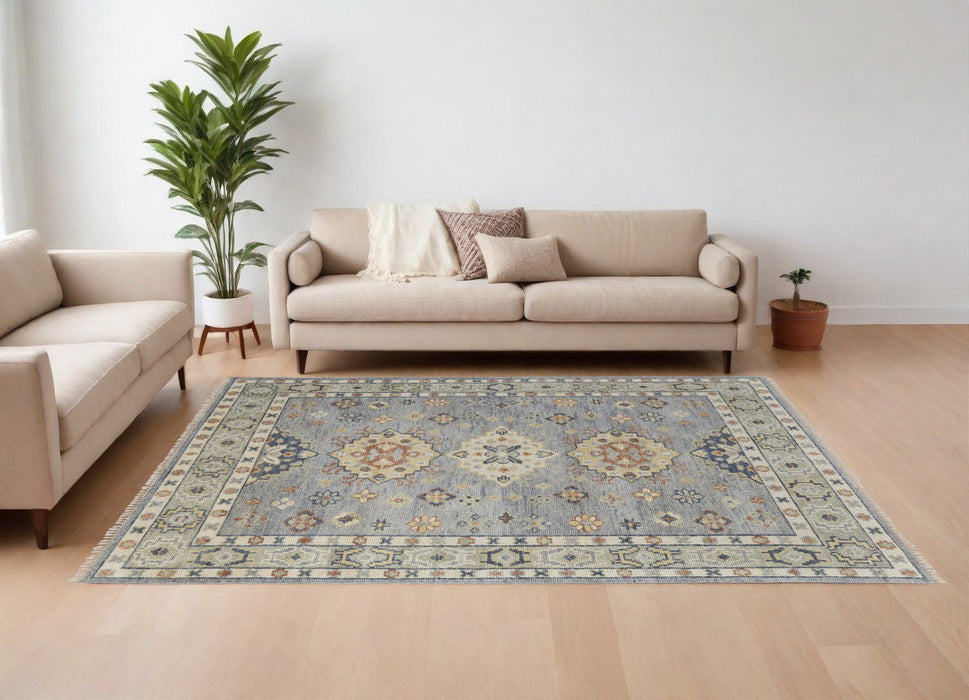 8' x 10' Wool Geometric Hand Knotted Area Rug With Fringe - Gray Blue And Taupe