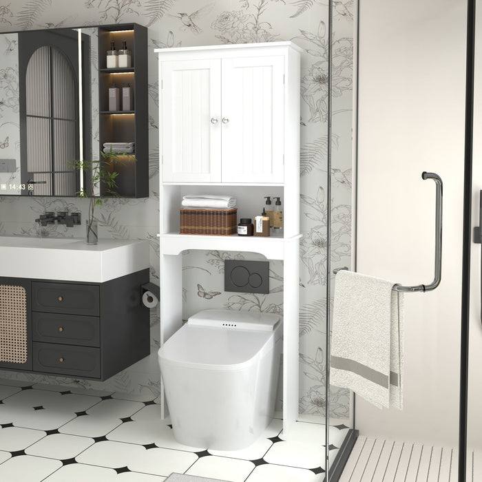 White Giga over-the-toilet linen cabinet with adjustable shelves, bathroom space saver and storage solution.