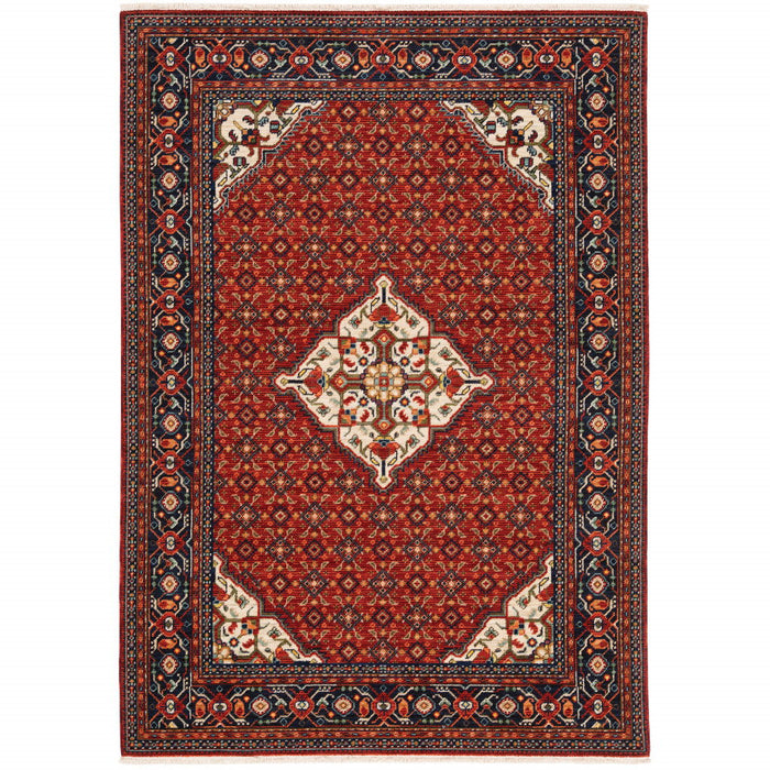 6' x 9' Oriental Power Loom Stain Resistant Area Rug With Fringe - Red Blue Ivory And Orange