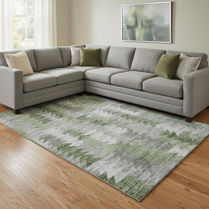 8' X 10' Geometric Washable Area Rug With UV Protection (653132) - Green / Ivory / Gray