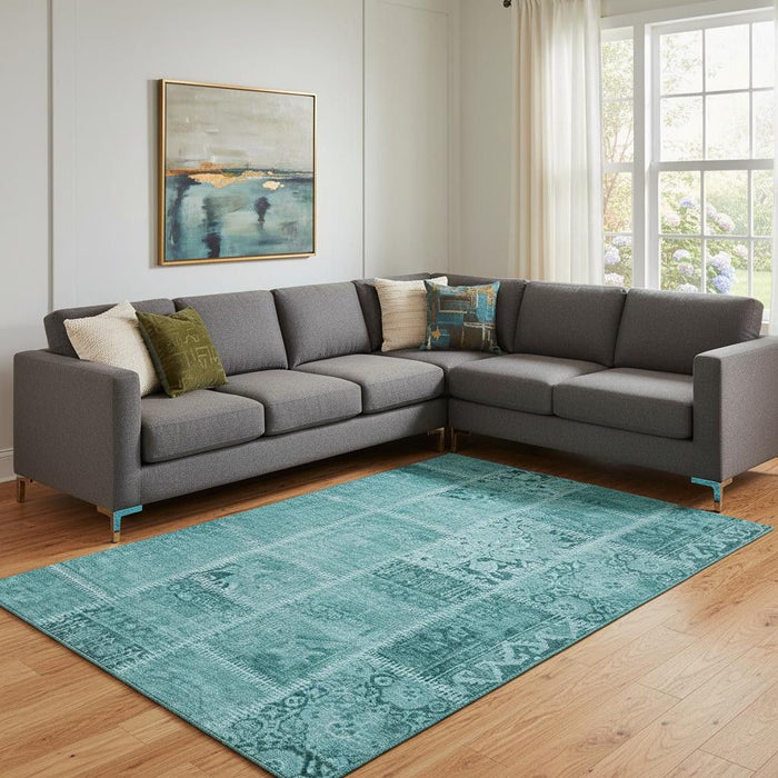 8' X 10' Patchwork Washable Area Rug With UV Protection (653270) - Turquoise / Aqua