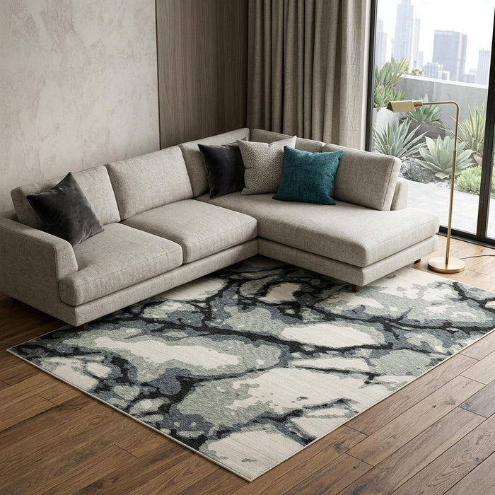 10' X 13' Abstract Area Rug With Fringe (575144) - Blue / Black / Ivory