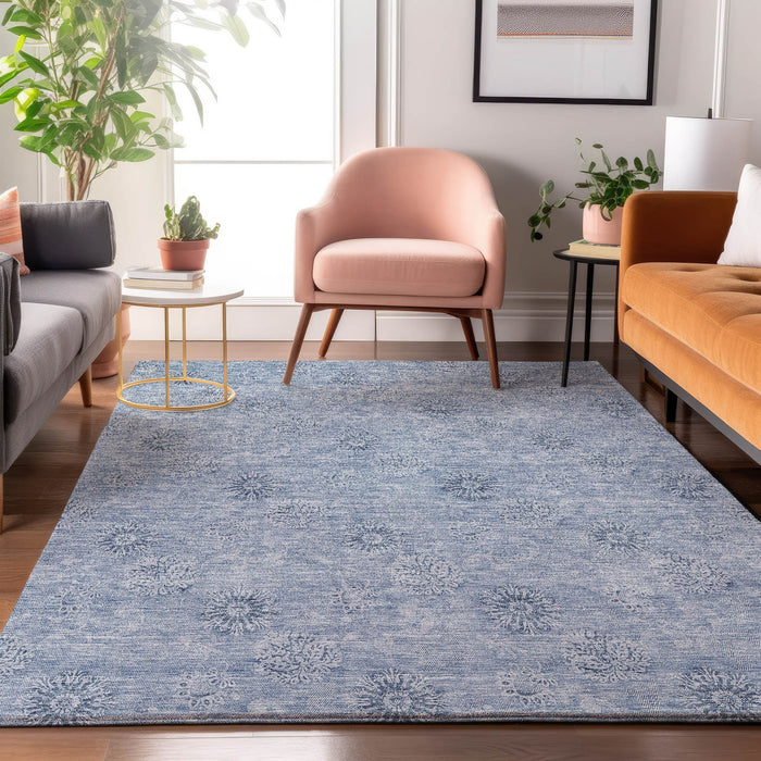 10' X 14' Floral Washable Area Rug With UV Protection - Sky Blue And Ivory