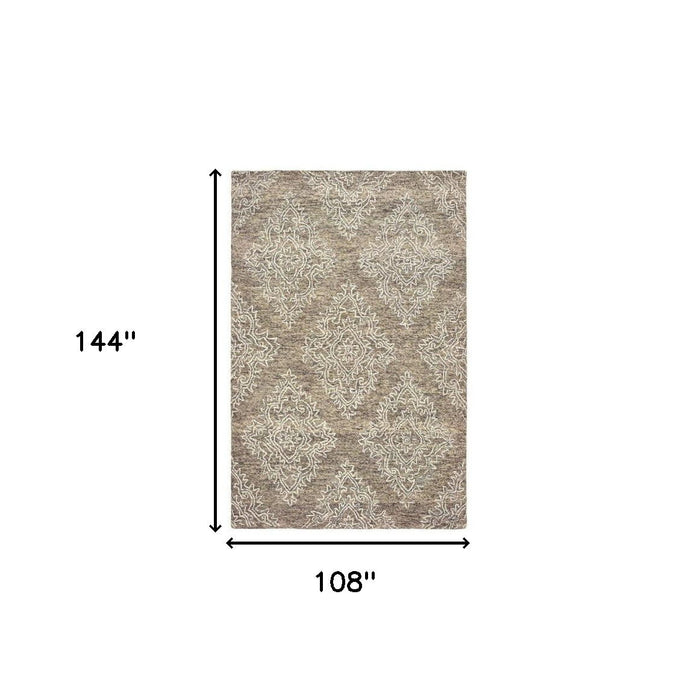 9' x 12' Damask Area Rug - Khaki And White