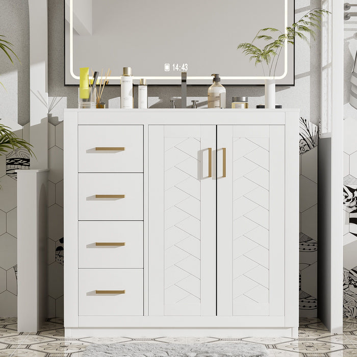 Giga bathroom vanity with sink, storage cabinet, three drawers, and soft-closing doors in a modern freestanding design.