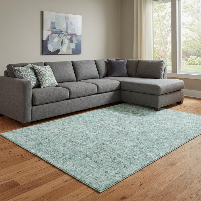 8' X 10' Floral Washable Area Rug With UV Protection (651218) - Teal / Ivory