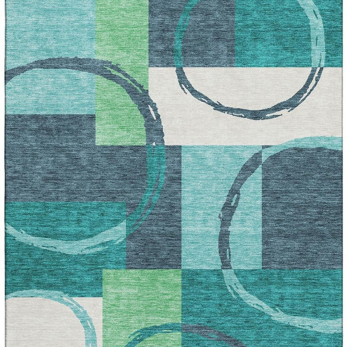 10' X 14' Geometric Washable Area Rug With UV Protection (675096) - Teal / Ivory / Green