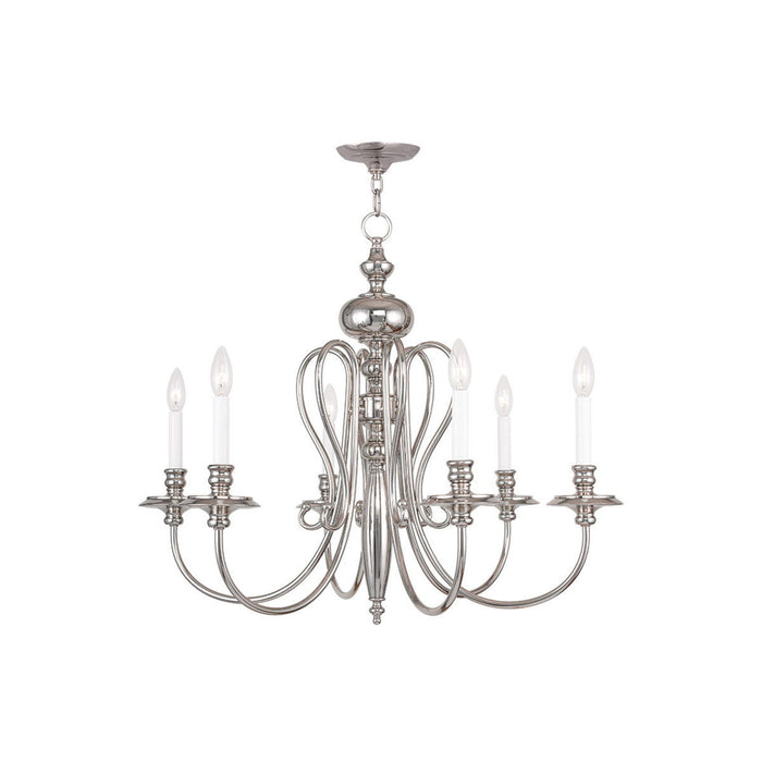 24-inch HomeRoots six-light metal chandelier with shades, dimmable design in nickel finish, perfect for modern dining rooms.