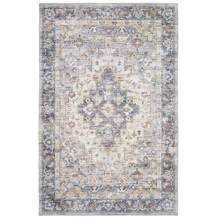 9' x 12' Oriental Power Loom Stain Resistant Area Rug - Blue Gold Gray Orange Yellow And Purple
