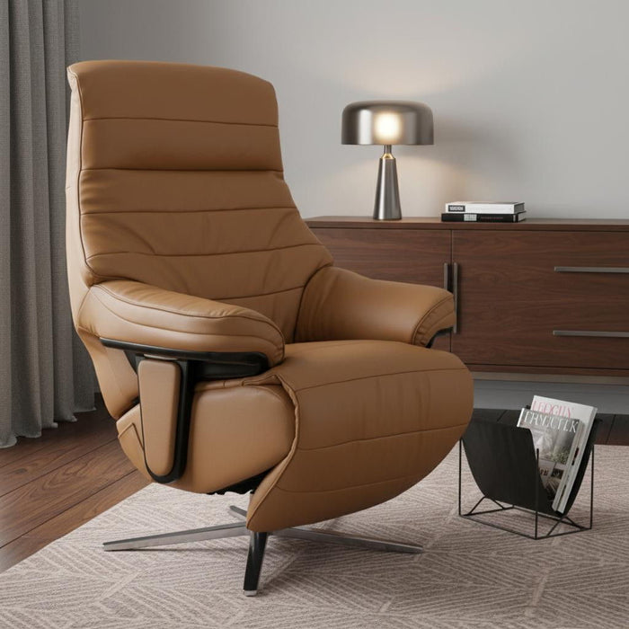 Tufted Genuine Leather Power Swivel Recliner - Camel