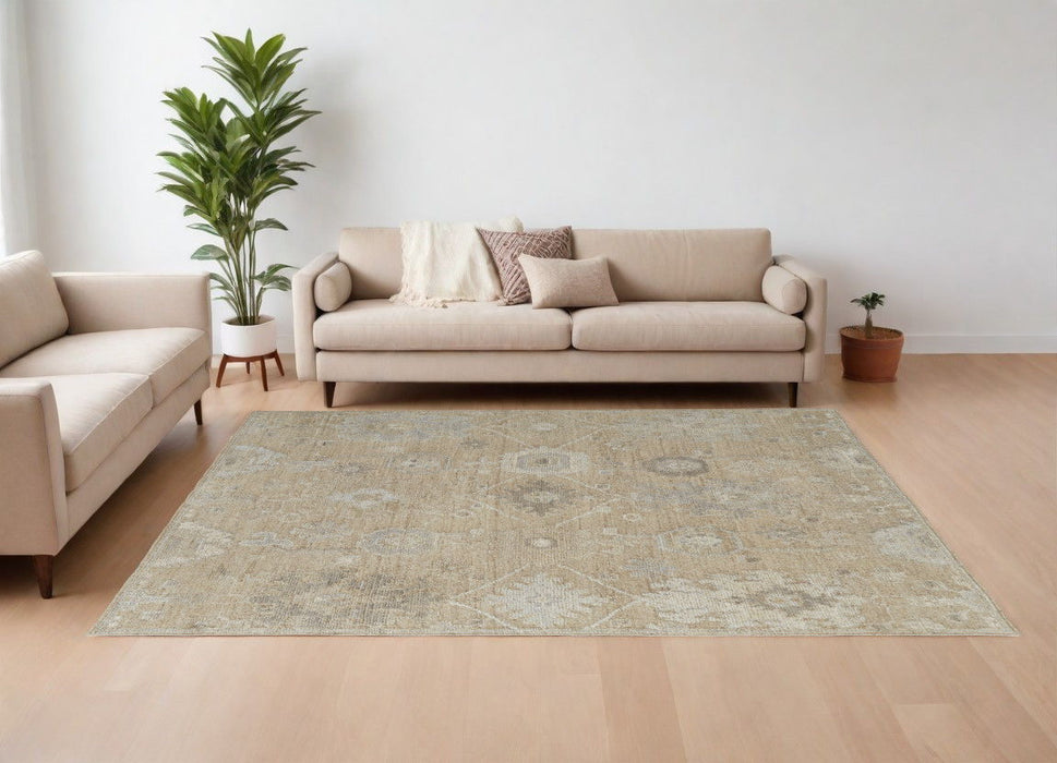 8' x 10' Wool Floral Hand Knotted Area Rug - Tan And Ivory