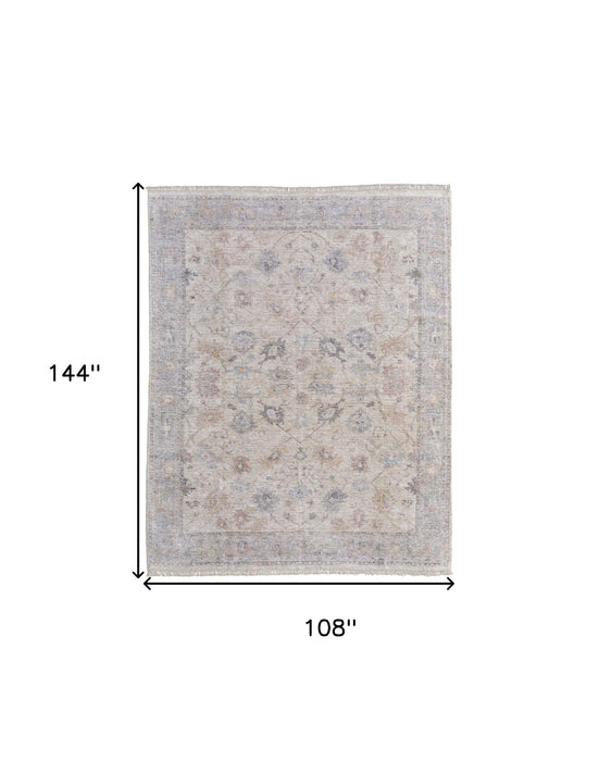 9' X 12' Floral Hand Woven Distressed Area Rug With Fringe - Ivory