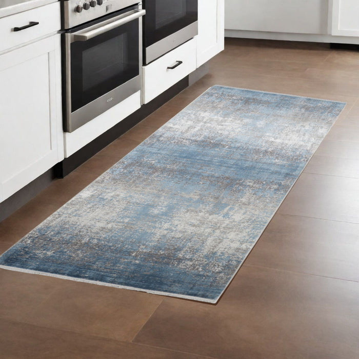 3' x 10' Abstract Power Loom Distressed Runner Rug With Fringe - Blue Gray And Silver