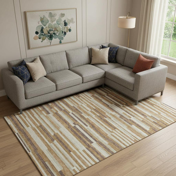 10' X 14' Striped Washable Area Rug With UV Protection (671084) - Rust / Ivory / Beige