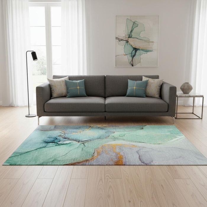5' X 8' Abstract Washable Area Rug With UV Protection (646842) - Teal / Gold / Ivory