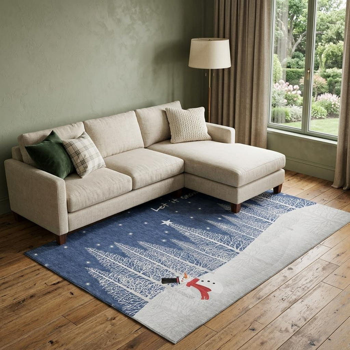 10' X 14' Winter Snowman Washable Area Rug With UV Protection (646475) - Blue / White