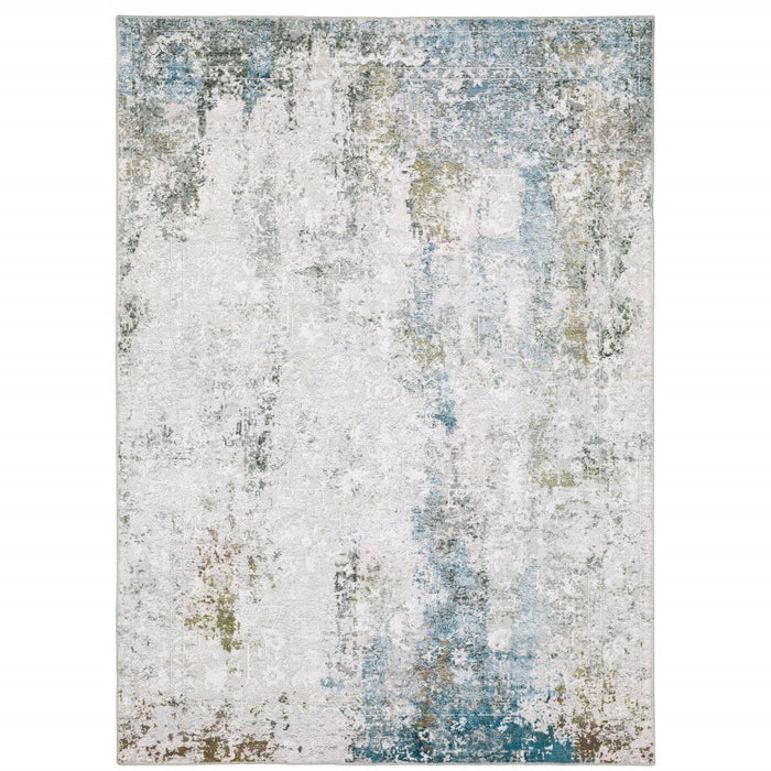 8' x 10' Abstract Printed Stain Resistant Non Skid Area Rug - Ivory Teal Blue Gray Brown And Gold