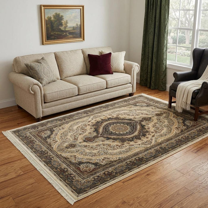 5' X 8' Medallion Area Rug With Fringe (574483) - Ivory / Black / Tan