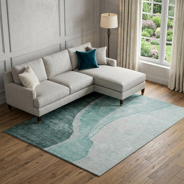 9' X 12' Abstract Washable Area Rug With UV Protection (655336) - Teal / Ivory