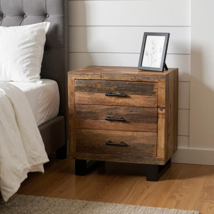 Three Drawer Wood And Metal Nightstand - Distressed Dark Brown