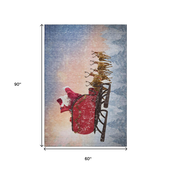 5' X 8' Christmas Santa Claus Washable Area Rug With UV Protection (646405) - Blue / Red / Brown