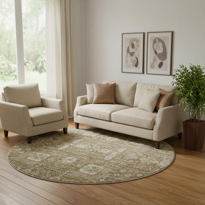 8' Floral Washable Round Rug With UV Protection (653359) - Brown / Ivory