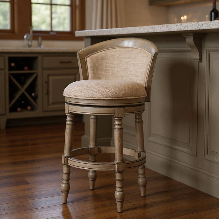 Fabric Faux Leather And Solid Wood Low Back Bar Height Swivel Bar Chair - Beige / Gray
