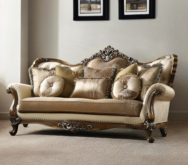 Polyester Blend Curved Floral Sofa And Toss Pillows With Brown Legs - Tan